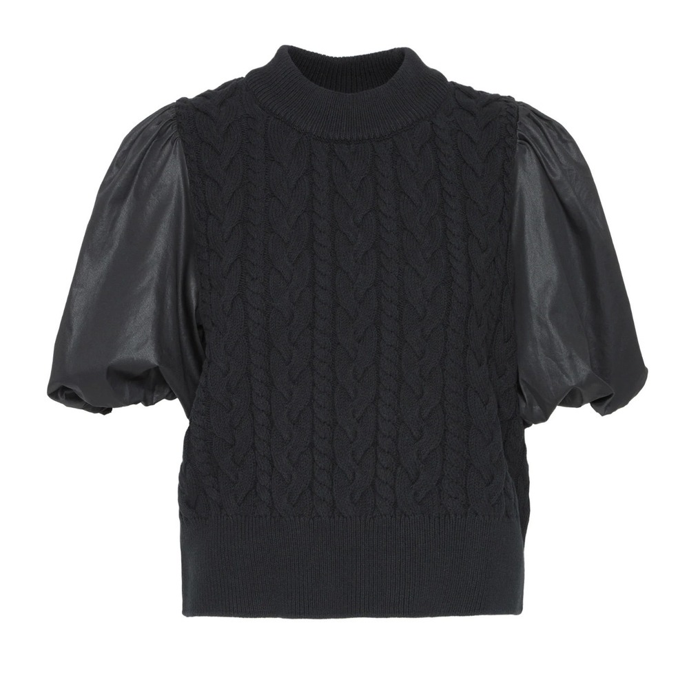 $218 RAILS Karina Black Cable Knit Sweater w/Puff Sleeves, Mock Neck Top Size S